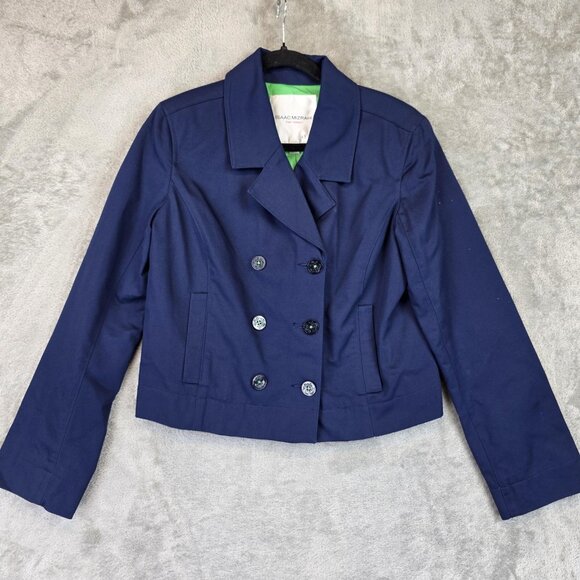 Isaac Mizrahi Jacket Womens 12 Navy Blue Cropped Double Breasted Cotton Coat - Picture 1 of 16